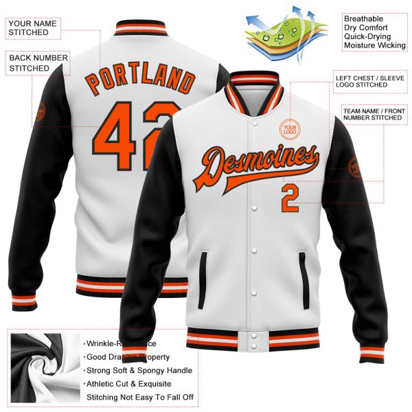 Custom White Orange-Black Bomber Full-Snap Varsity Letterman Two Tone Jacket - Image 3