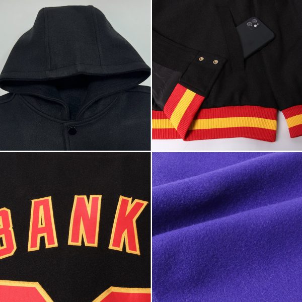 Custom Purple Black-Old Gold Bomber Full-Snap Varsity Letterman Hoodie Jacket - Image 2