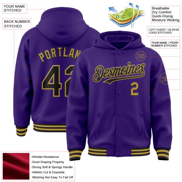 Custom Purple Black-Old Gold Bomber Full-Snap Varsity Letterman Hoodie Jacket - Image 3